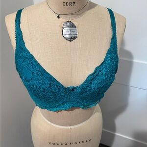 Teal Floral Lace Bra with Scalloped Edges